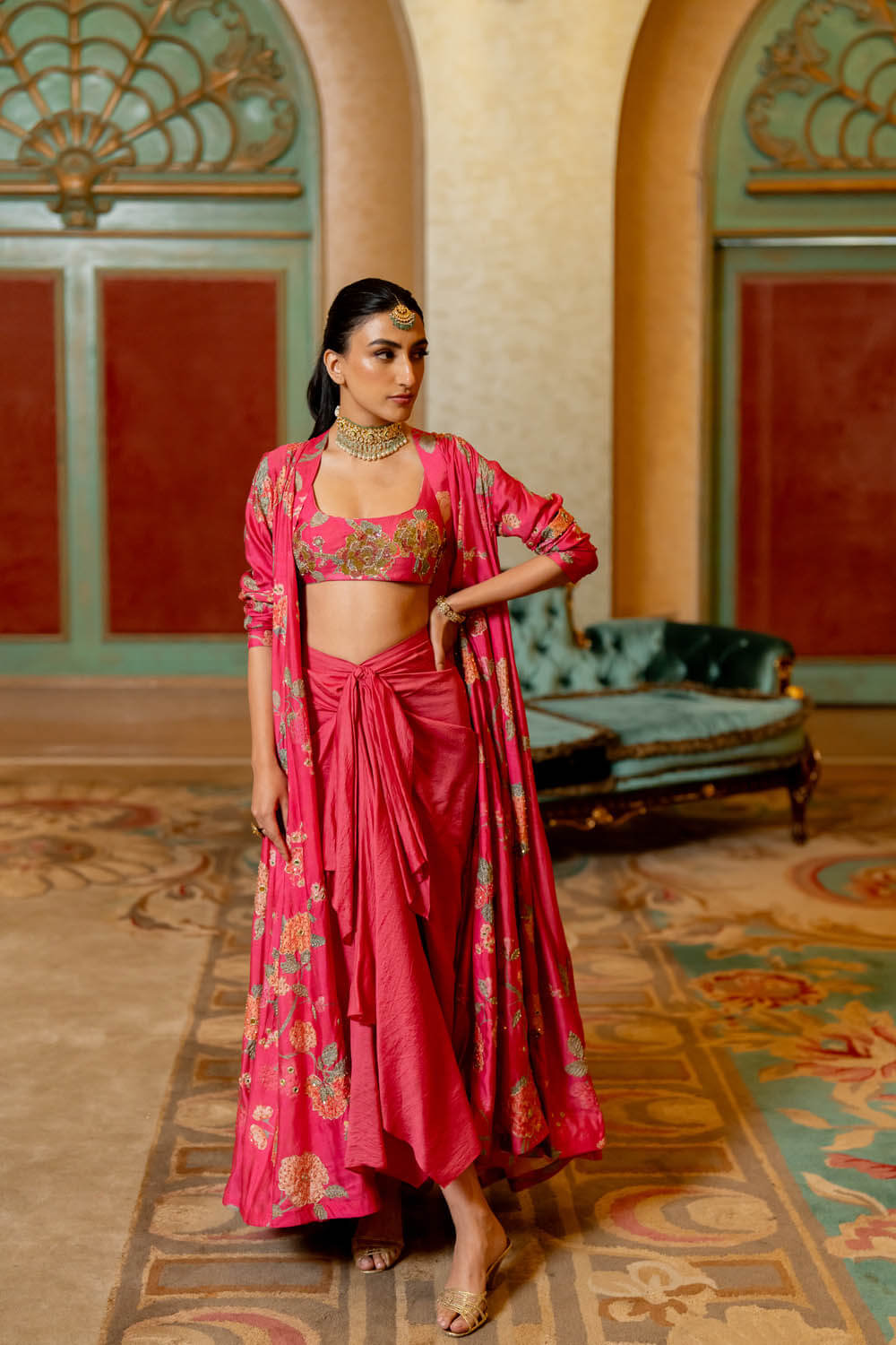 Pink Printed Embellished Long Jacket Set With Skirt And Embellished Bustier