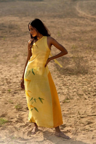 Light yellow One-side off shoulder dress with bamboo prints made in rich dupion silk fabric. Ideal for vacation styling, brunch outfit, elegant summer dress for women. Designed by clos.