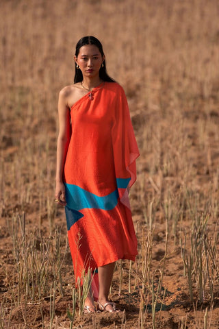 ne-shoulder red abstract print dress designed in-house, crafted in plant-based Japanese fabric, elegant flow perfect for resort wear, outdoor events, and contemporary fashion styling. Designed by Clos.
