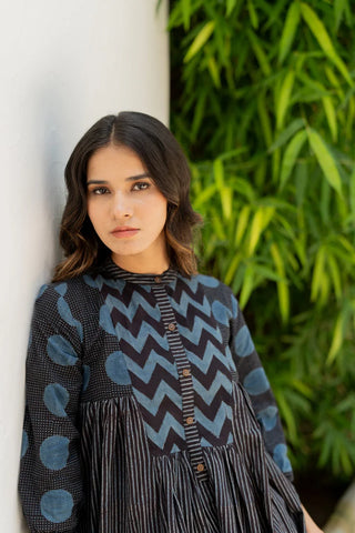 Amra black striped and indigo cotton side pleat kurta, boho hand block print - indigo chevron yoke and mandarin collar