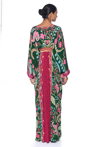 Back look of the Close up of Emerald Kaftan with Hand Bead Embroidery. Perfect for cocktail parties, festive gatherings, or resort wear. Vibrant Indo-Western Fusion Dress for women.