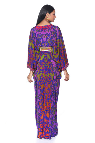 Royal Purple Paisley Print, Pleated designer Kaftan with Hand Bead Embroidery. A Vibrant Indo-Western Fusion Dress for Resort Wear, Cocktail Parties, and Bohemian Ethnic Fashion.