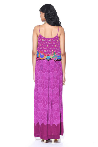 Back look of Purple Martini Heavy Embroidery Border Top, Paired With Purple Self Print Pleated Palazzo. A perfect attire for classy parties, boho style soirees, pub gatherings etc.