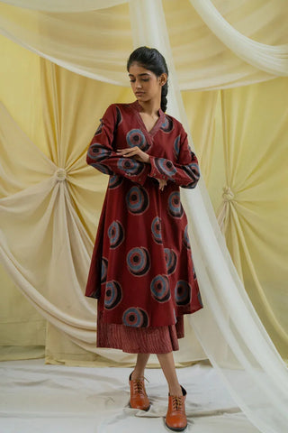 Burgundy hand block printed tunic and culotte co-ord set with long buttoned sleeves, an elegant Indian-inspired outfit for daytime outings and casual gatherings.