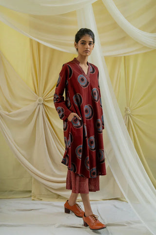 Burgundy cotton tunic with blue circle block print and printed culottes, front view with side pocket