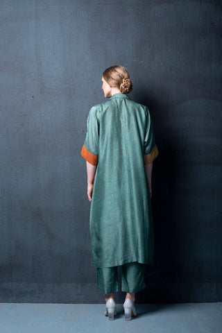 Back look of Rusty green dupion silk set featuring geometric abstract print kurta with asymmetrical hemline and parallel pants. Perfect for brunch, evening gatherings and daytime wear.