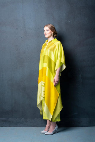 Dupion silk abstract print kurta and pant set with asymmetrical hemline, ideal for office gatherings and semi-formal events.