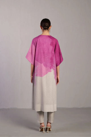 Back look of minimalist pastel grey kurta set highlighting relaxed silhouette and breathable linen texture.