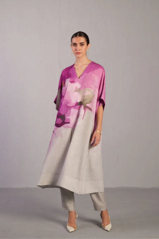 Lightweight beetroot and pastel grey linen kurta set ideal for Australian summer days with relaxed fit and breathable fabric. Designed by clos.