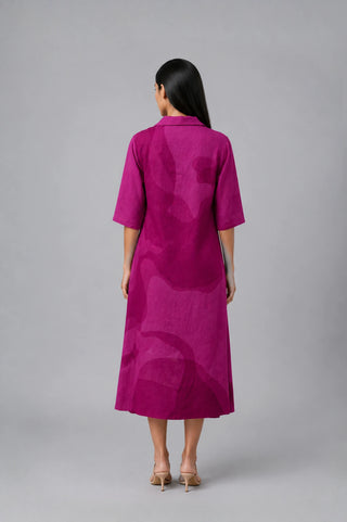 Back look of Bloom Midi Dress by Clos combines Korean linen with oversized floral artwork and an A-line silhouette, suitable for summer gatherings, brunches and daytime celebrations.