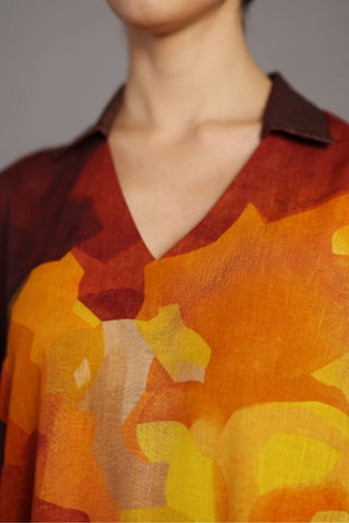 Modern ochre kurta set with wide collar styled for creative office wear, using breathable Korean linen with subtle artistic colour detailing.