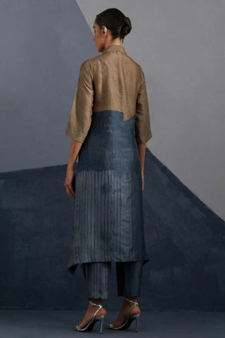 Back look of clay brown and grey -tunic paired with straight dupion silk trousers.