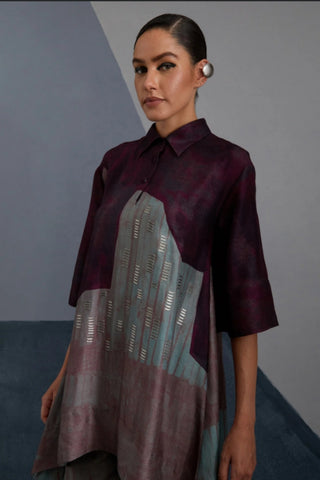 Aubergine and teal dupion silk tunic set with layered circular cut hemline, Designer silk outfit suitable for cultural celebrations and evening events. Designed by clos.