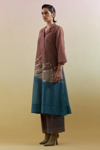 Straight brown blue kurta featuring Flow print and fine embroidery detailing. Perfect for cultural gatherings and celebrations.