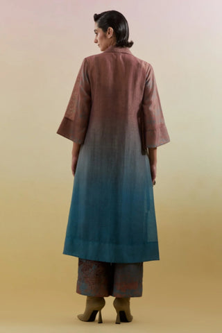 Back look of brown and blue long kurta set showcasing high-low hemline and flared sleeves.