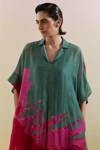 Linen silk kurta set with slub cotton inner featuring embroidered Flow print and asymmetrical hemline.