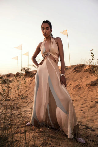 Designer halter dress in premium dupion silk with a sleek center buckle detail, ideal for evening or cocktail parties.