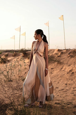 Luxury silk halter dress with a sleek buckle accent at the center, perfect for evening occasions, Parties and Fashion events. Designed by Clos.