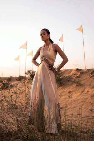 Elegant halter-style dress crafted in rich dupion silk, featuring a statement center buckle. A perfect blend of modern design and luxurious fabric.