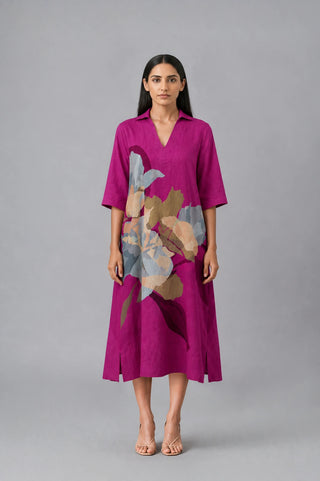 Berry wine Bloom Midi Dress by Clos features oversized painterly florals in muted tones, making it a stylish choice for vacations, resorts and relaxed daytime outings.