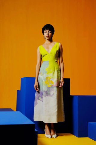 Neon green long chic A-line dress with padded cups and bold side cuts, crafted in airy Korean linen. Perfect Resort and bruch wear. Designed by clos.