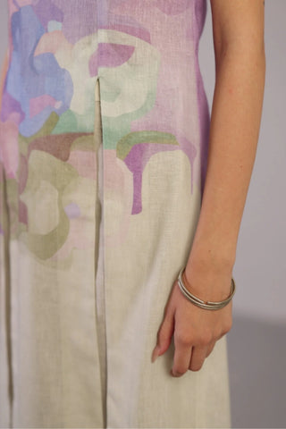 Close-up of airy Korean linen kurta fabric featuring subtle pastel multicolour painterly accents.