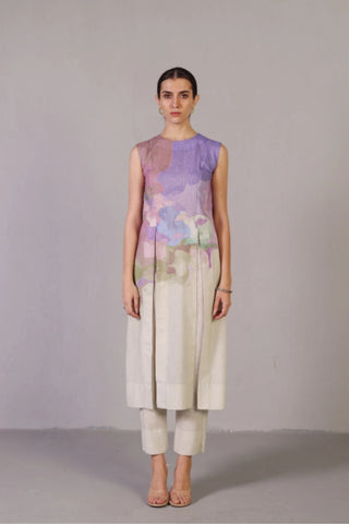 Cream kurta set with cut sleeves and front pleats paired with straight pants in airy Korean linen with pastel multicolour detailing. Ideal for warm Australian summer days. Designed by clos.