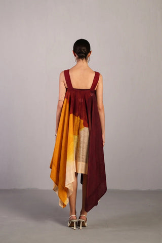 Back look of elegant linen silk dress in wine and cream, styled with a wide strappy V-neck, sleeveless cut, and soft gathered detailing for effortless charm.
