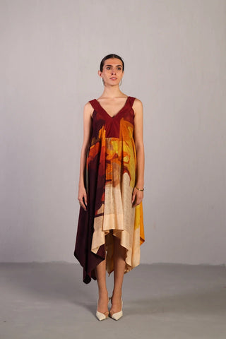 Designer wine and cream linen silk dress with a painterly colour effect, strappy V-neckline, and cut-sleeve finish for modern sophistication. Designed  by Clos.