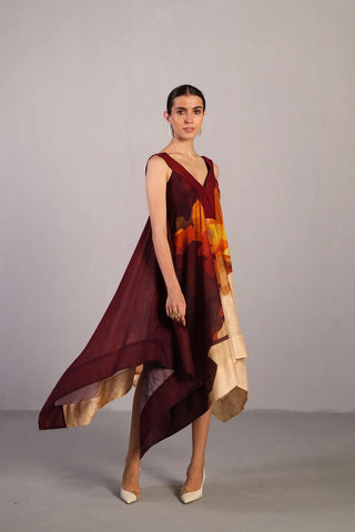 Wine shade gathered dress in airy linen silk with cut sleeves and a wide strappy V-neck, featuring painterly cream accents and in-house design.