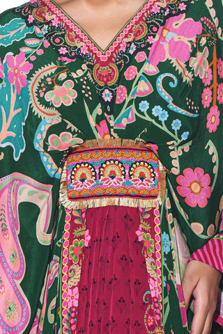 Close up of Emerald Kaftan with Hand Bead Embroidery. Perfect for cocktail parties, festive gatherings, or resort wear. Vibrant Indo-Western Fusion Dress for women.