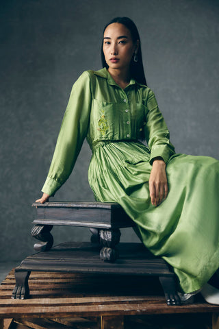 Pista green pocket embroidery midi dress designed by Ease. Pefect dress for parties, evening soiree, office, everyday, casual, holiday vacation or for resort.
