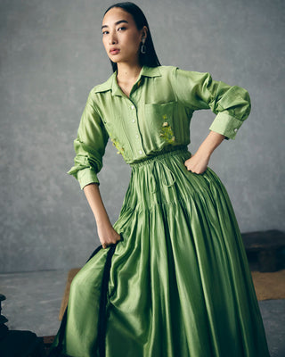 Pista green pocket embroidery midi dress designed by Ease. Pefect dress for parties, evening soiree, office, everyday, casual, holiday vacation or for resort.