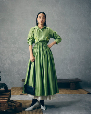 Pista green pocket embroidery midi dress designed by Ease. Pefect dress for parties, evening soiree, office, everyday, casual, holiday vacation or for resort.