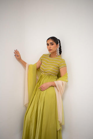 Woman in a green traditional outfit posing to show the ethnic designer look of the anarkali dress. Designed by Ease.