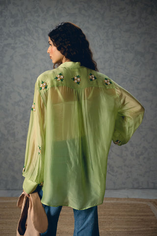 Back look of pista green silk organza top with floral embroidery, lightweight and elegant sheer shirt suitable for festive wear, evening outings, and chic contemporary looks.