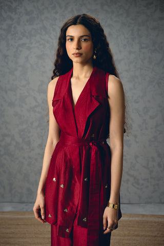 Burgundy co-ord set with tie-up vest and matching pants, stylish women’s outfit perfect for casual wear, office looks, and effortless day to evening styling with a modern chic appeal.