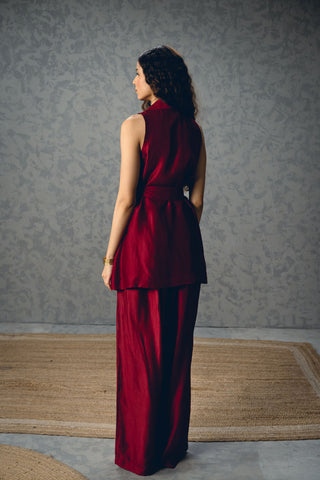 Back look burgundy co-ord with tie-up vest top and matching pants, versatile outfit ideal for casual wear, workwear, and effortless day to night fashion looks.