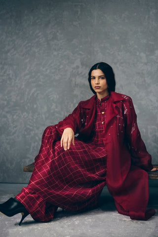 Chic wine embroidered blazer with pants, complemented by a maroon checked kurta and coordinating printed pants. A versatile ensemble perfect for polished daywear or semi-formal occasions.