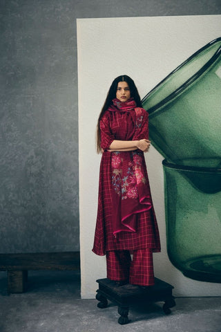 Wine embroidered blazer paired with pants, styled over a maroon checked kurta and printed pants. A contemporary fusion outfit designed for effortless sophistication and versatility.