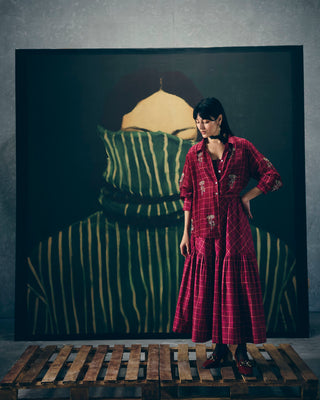 Maroon checkered skirt set with embroidered bustier and matching shirt, stylish Indo-western co-ord outfit for women, perfect for festive wear, parties, and elegant modern ethnic fashion looks.