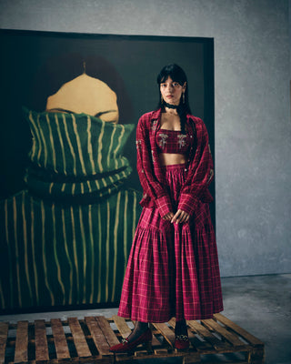 Stylish maroon checkered skirt outfit with embroidered bustier and matching shirt, modern Indo-western three piece set for women, suitable for parties, and special occasions.
