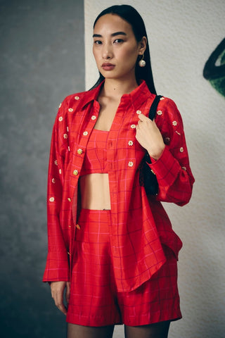 Chic red checkered co-ord set with a fitted bustier, embroidered shirt, and matching shorts. Designed for a trendy and fashionable appearance, ideal for casual outings or summer styling.