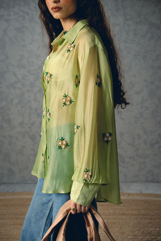 Pista green sheer organza shirt with floral motif embroidery, stylish women’s top perfect for festive occasions, parties, and refined modern ethnic styling.