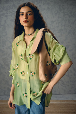 Elegant pista green organza shirt with delicate floral embroidery, lightweight sheer top for women, ideal for festive wear, evening styling, and graceful contemporary fashion.