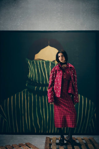 Maroon checked skirt set with an embroidered bustier and matching embroidered shirt. A coordinated ensemble that blends classic elegance with a modern twist, ideal for chic day or semi-formal wear.