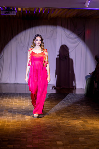 Model showcasing Flower Embroidered Short Jacket With Jumpsuit. Designed by Ease at Australian fashion Grandeur.