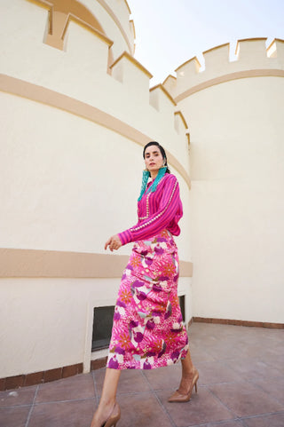 Fuschia striped Cotton Silk shirt paired with a floral printed Georgette skirt in white, pink and blue tones from Ease Studio, creating a chic fusion festive look.