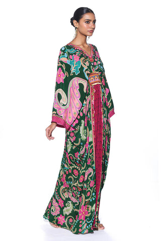 Emerald Kaftan with Hand Bead Embroidery. Perfect for cocktail parties, festive gatherings, or resort wear. Vibrant Indo-Western Fusion Dress for women.
