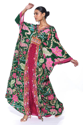 Elegant Emerald Kaftan with Hand Bead Embroidery. Perfect for cocktail parties, festive gatherings, or resort wear, this Royal Paisley Kaftan is the epitome of luxury fashion. Vibrant Indo-Western Fusion Dress for women.
